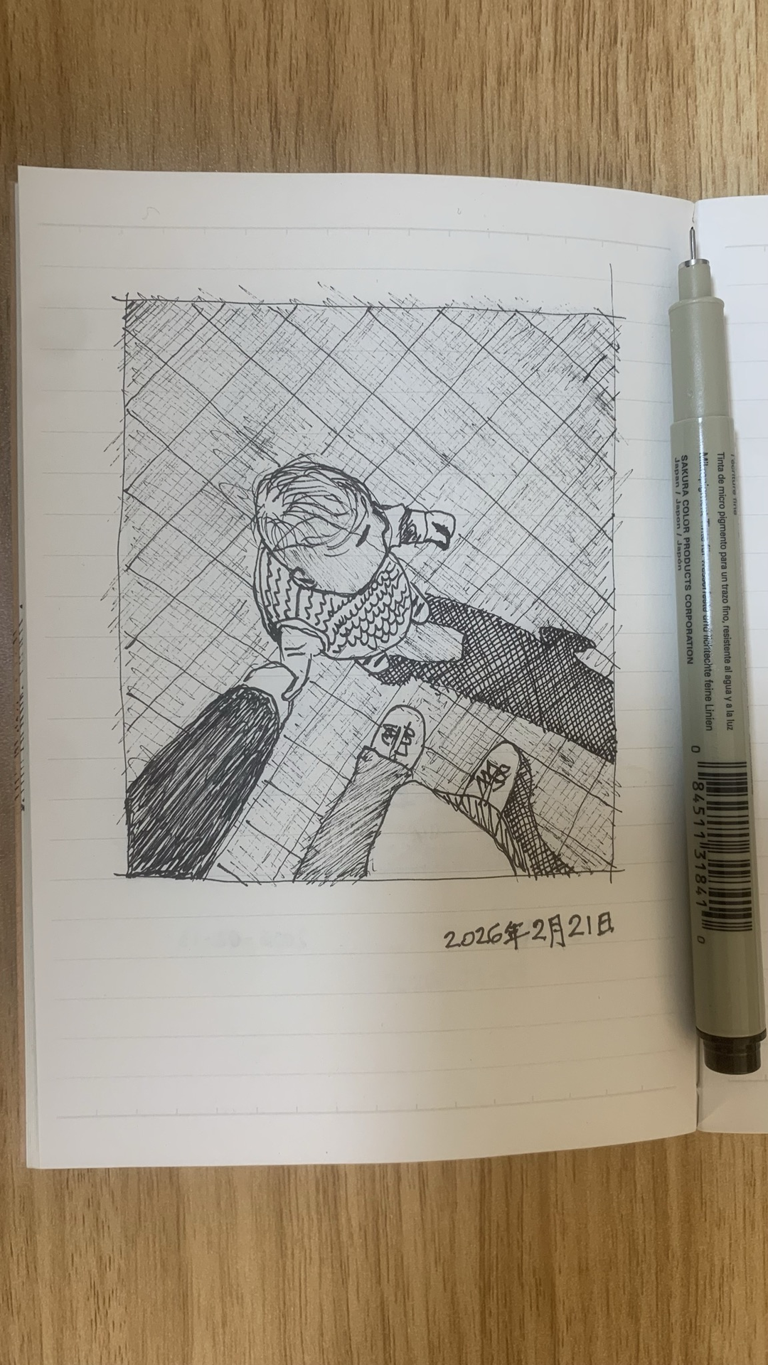 Black and white drawing of a kid holding the hand of an adult seeing from above. There is some shadow cast in the ground.